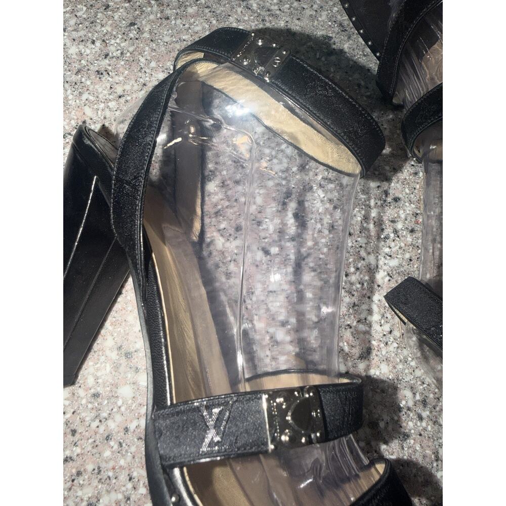 Louis Vuitton Strappy Monogram Satin Sparkle Leather Block Heel Sandals EU 39.5 - Picture 11 of 16